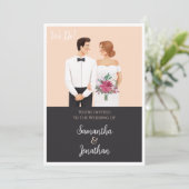 Cartoon Couple Modern Wedding Einladung (Stehend Vorderseite)