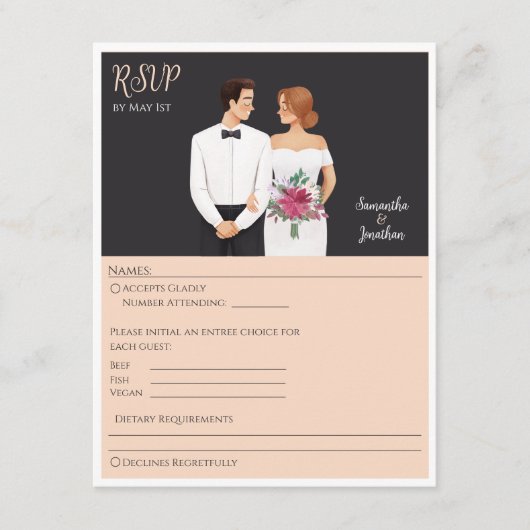 Cartoon Couple Modern Wedding RSVP Card Begleitkarte (Vorderseite)