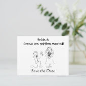 Cartoon Couple Wedding Save the Date Ankündigungspostkarte (Stehend Vorderseite)