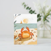 Cartoon Crab on Beach mit Boot im Hintergrund Postkarte (Stehend Vorderseite)