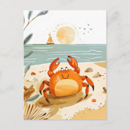 Cartoon Crab on Beach mit Boot im Hintergrund Postkarte