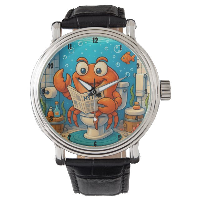 Cartoon Crab Reading in Underwater-themed Bathroom Armbanduhr (Vorderseite)