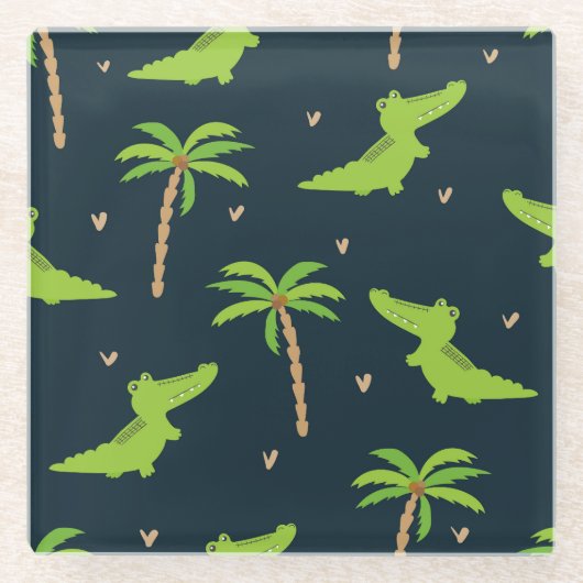 Cartoon Crocodiles: Alligator Palms Muster. Glasuntersetzer (Vorderseite)