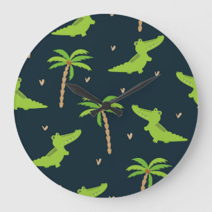 Cartoon Crocodiles: Alligator Palms Muster. Große Wanduhr