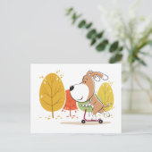 Cartoon Cute Funny Dog Puppy Kick Scooter Postkarte (Stehend Vorderseite)