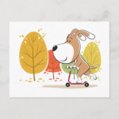 Cartoon Cute Funny Dog Puppy Kick Scooter Postkarte (Vorderseite)