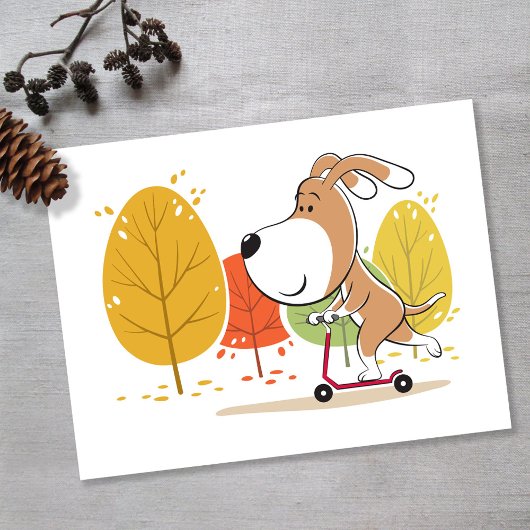 Cartoon Cute Funny Dog Puppy Kick Scooter Postkarte