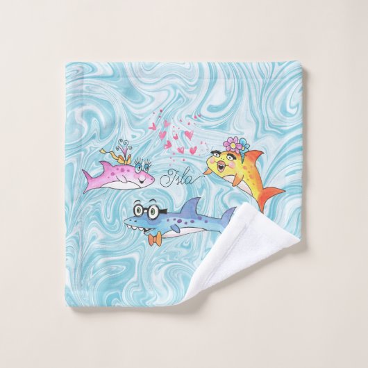 Cartoon der Haifamilie auf Blue Waves Wash Tuch (Waschlappen)