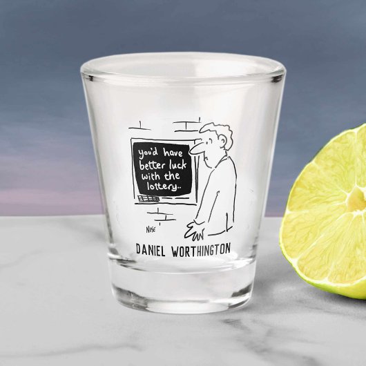 Cartoon der Kassettenlotterie. Schnapsglas