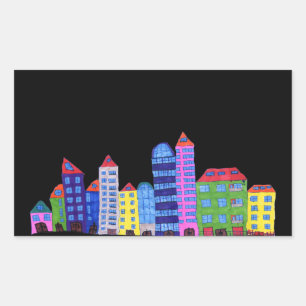 Cartoon der Stadt Kinder naive Kunst zeichnend Arc Rechteckiger Aufkleber