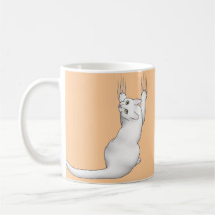 Cartoon der weißen Katze zeichne kratzend und reiß Kaffeetasse