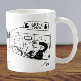 Cartoon des Fahrlehrers oder des Prüfers Kaffeetasse