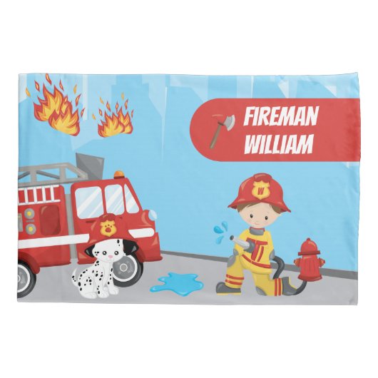 Cartoon des Kleinen Jungen Feuerwehrmann mit Vorna Kissenbezug (Rückseite)