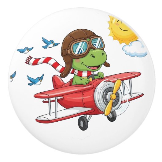 Cartoon Dinosaur Pilot Flying Red Airplane Keramikknauf (Vorderseite)