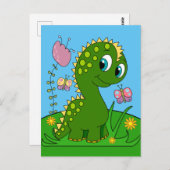 Cartoon Dinosaurier, Blume und Schmetterlinge Postkarte (Vorne/Hinten)