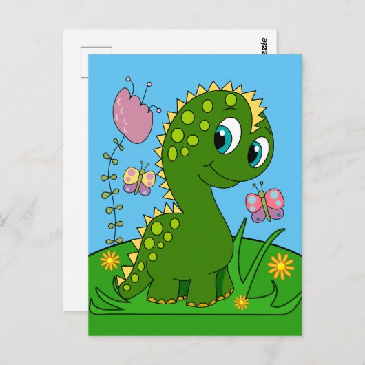 Cartoon Dinosaurier, Blume und Schmetterlinge Postkarte (Vorne/Hinten)