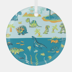 Cartoon Dinosaurier: Land & Meer Set Ornament Aus Glas