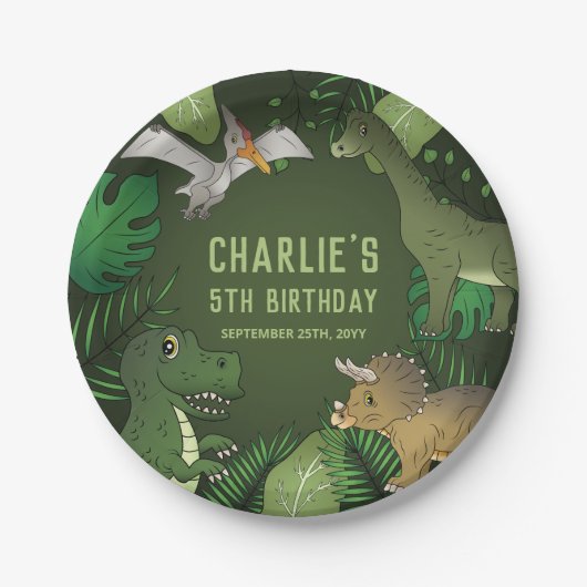 Cartoon Dinosaurier Zeichnungen mit Pflanze Geburt Pappteller (Vorderseite)