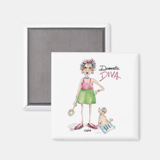 Cartoon Diva und Poodle Doing Chores Magnet (Vorderseite/Rückseite)
