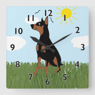 Cartoon Doberman Sitting Quadratische Wanduhr