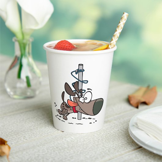 Cartoon Dog geknallt um den Pole mit Leine Pappbecher