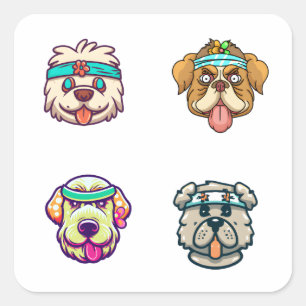 Cartoon Dog Head mit Kopfband-Aufklebern mit 4 Pac Quadratischer Aufkleber