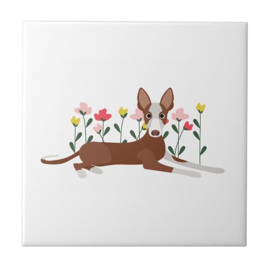 Cartoon Dog in rosa und gelb Blumen Fliese (Vorderseite)