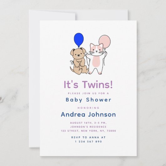 Cartoon Dog Katze Pink Blue Ballon Twin Baby Dusch Einladung (Vorderseite)