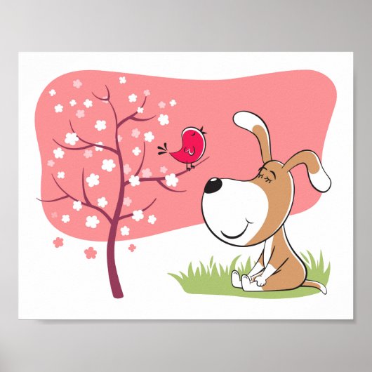 Cartoon Dog Puppy Bird Blume Blühen rosa Frühling Poster (Vorne)