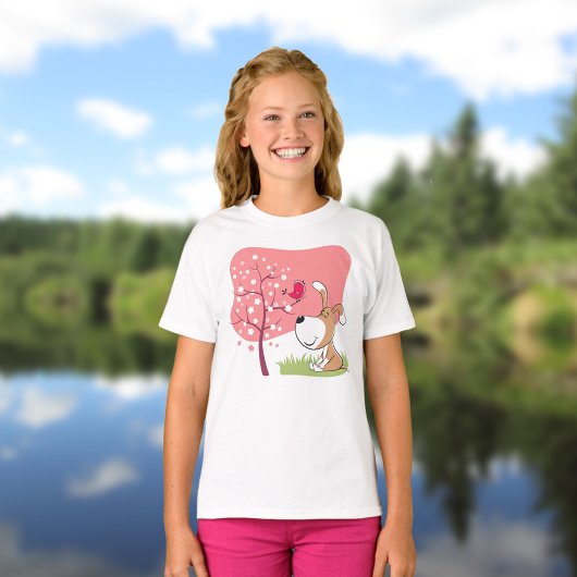 Cartoon Dog Puppy Bird Blume Blühen rosa Frühling T-Shirt