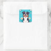 Cartoon Dog umgeben von Blume Quadratischer Aufkleber (Tasche)