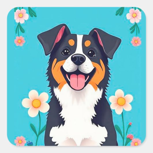 Cartoon Dog umgeben von Blume Quadratischer Aufkleber (Vorderseite)