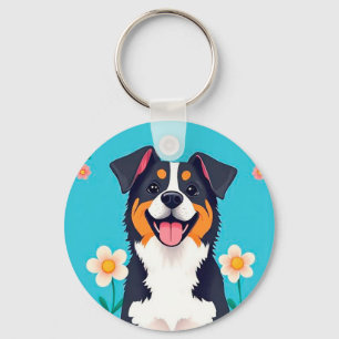 Cartoon Dog umgeben von Blume Schlüsselanhänger