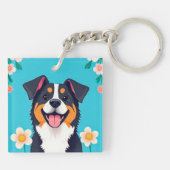 Cartoon Dog umgeben von Blume Schlüsselanhänger (Rückseite)