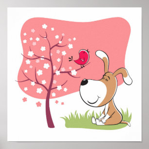 Cartoon Dog Welpe Bird Blogs Blume Rosa Frühling Poster