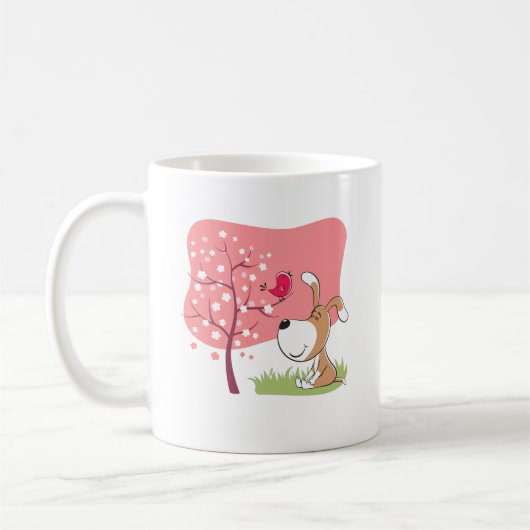 Cartoon Dog Welppy Bird Bloom Blume Rosa grüne Tas Kaffeetasse (Links)