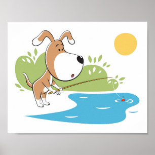 Cartoon Dog Welppy Fishing Sun Lake Poster