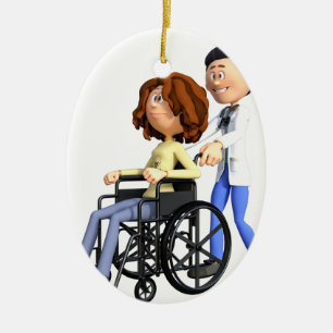 Cartoon-Doktor Wheeling Patient In Wheelchair Keramikornament