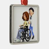 Cartoon-Doktor Wheeling Patient In Wheelchair Silbernes Ornament (Rechts)