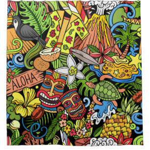 Cartoon doodles Hawaii nahtlos. Hintergrund  Duschvorhang