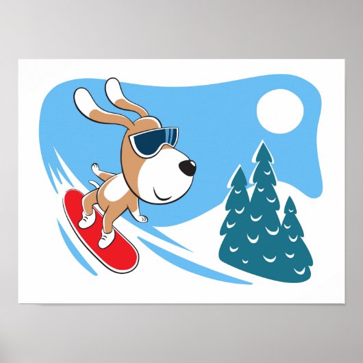 Cartoon Doppy Puppy Snowboard Winter Snow Sun Poster (Vorne)