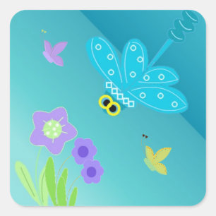 Cartoon Dragonfly mit Blume Quadratischer Aufkleber