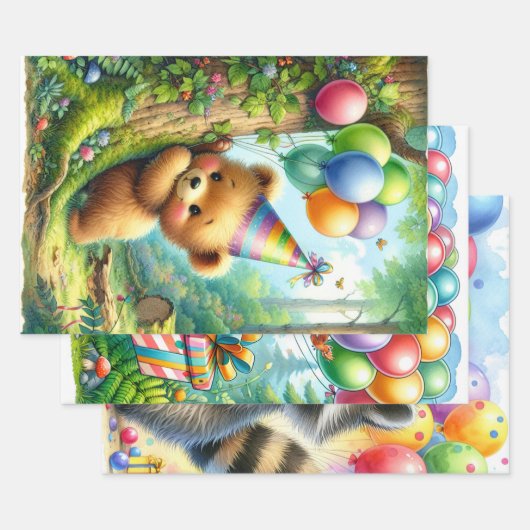 Cartoon Eichhörnchen, Baby Bear und Racoon Geburts Geschenkpapier Set (Set)