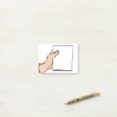 Cartoon einer Hand, die eine Anmerkung hält Post-it Klebezettel (Auf Schreibtisch)