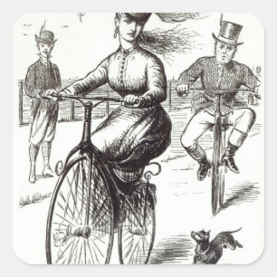 Cartoon einer Lady auf einem Velocipede, 1869 Quadratischer Aufkleber