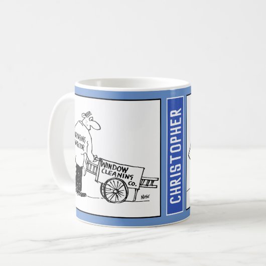 Cartoon eines Fensterreinigers mit Barrow. Funny Kaffeetasse (Vorderseite Links)