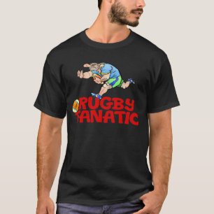Cartoon eines Rugbyspielers auf einem schwarzen T-Shirt