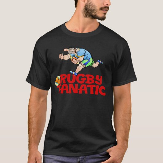 Cartoon eines Rugbyspielers auf einem schwarzen T-Shirt (Vorderseite)