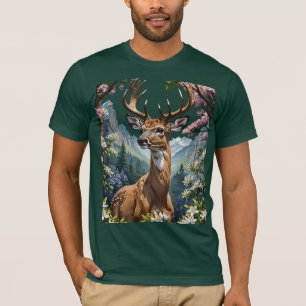 Cartoon eines Weißwedelhirsches umgeben von Bergen T-Shirt