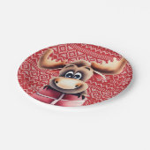 Cartoon Elch mit Weihnachtsgeschenk Pappteller (Schrägansicht)